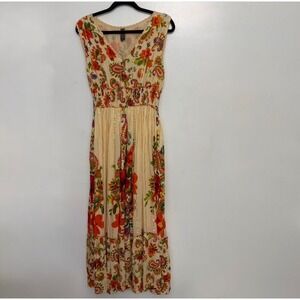 Me 2 Magic Boho Floral Paisley Smocked Gold Metallic Shimmer Cream Maxi Dress L